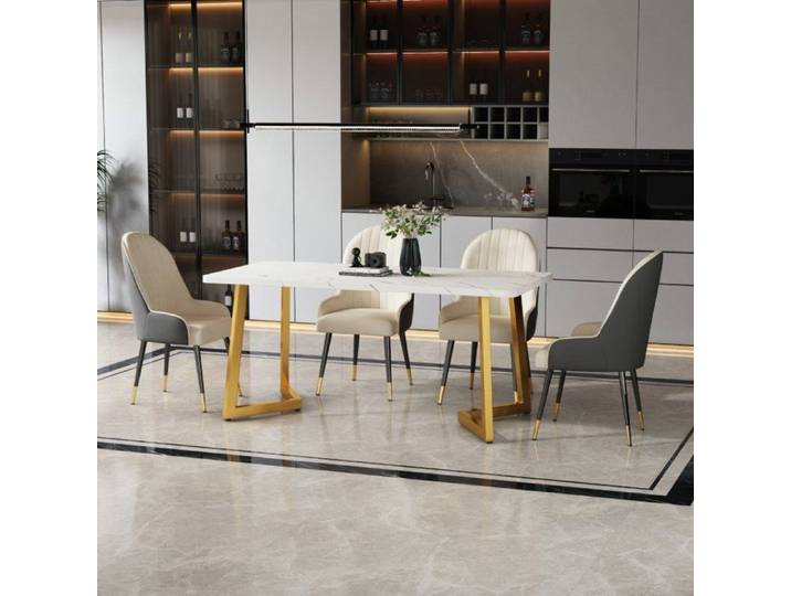 Table À Manger Rectangulaire De Luxe Blanche Légère Avec Cadre En Métal - Avec Pieds De Table Or - Doré/Blanc 117x68cm