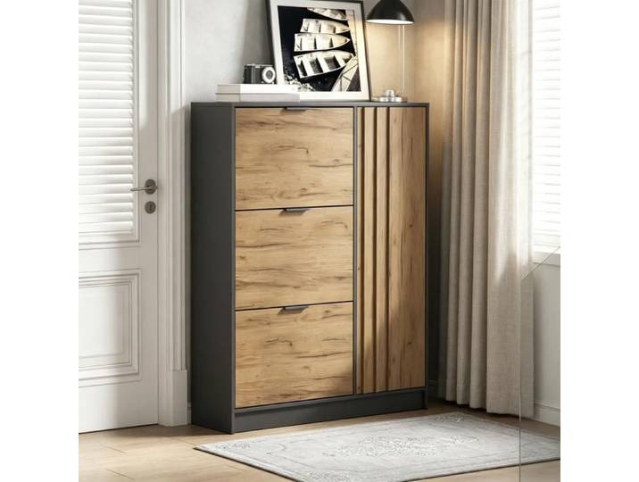 BEL Meuble Chaussures 100x30x130cm MDF Bois/Noir 3 Abattants 1 Porte 12 Paires 50kg