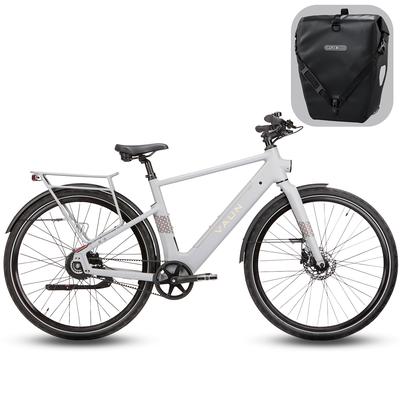 E-Bike VAUN "VAUN Sight Cityrad mit Ortlieb Tasche" Gr. 48, grayish grün matt, Elektrofahrräder, 48cm, 28 Zoll (71,12cm), Elektrofahrrad für Alltag und Einkauf