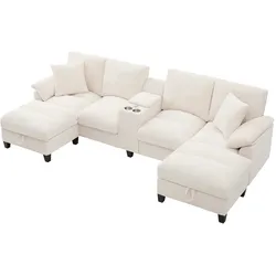 OKWISH U-förmiges Sofa 293x142x93 cm aus Cordstoff mit USB-Anschlüssen und Stauraum – großzügiges Design in Beige