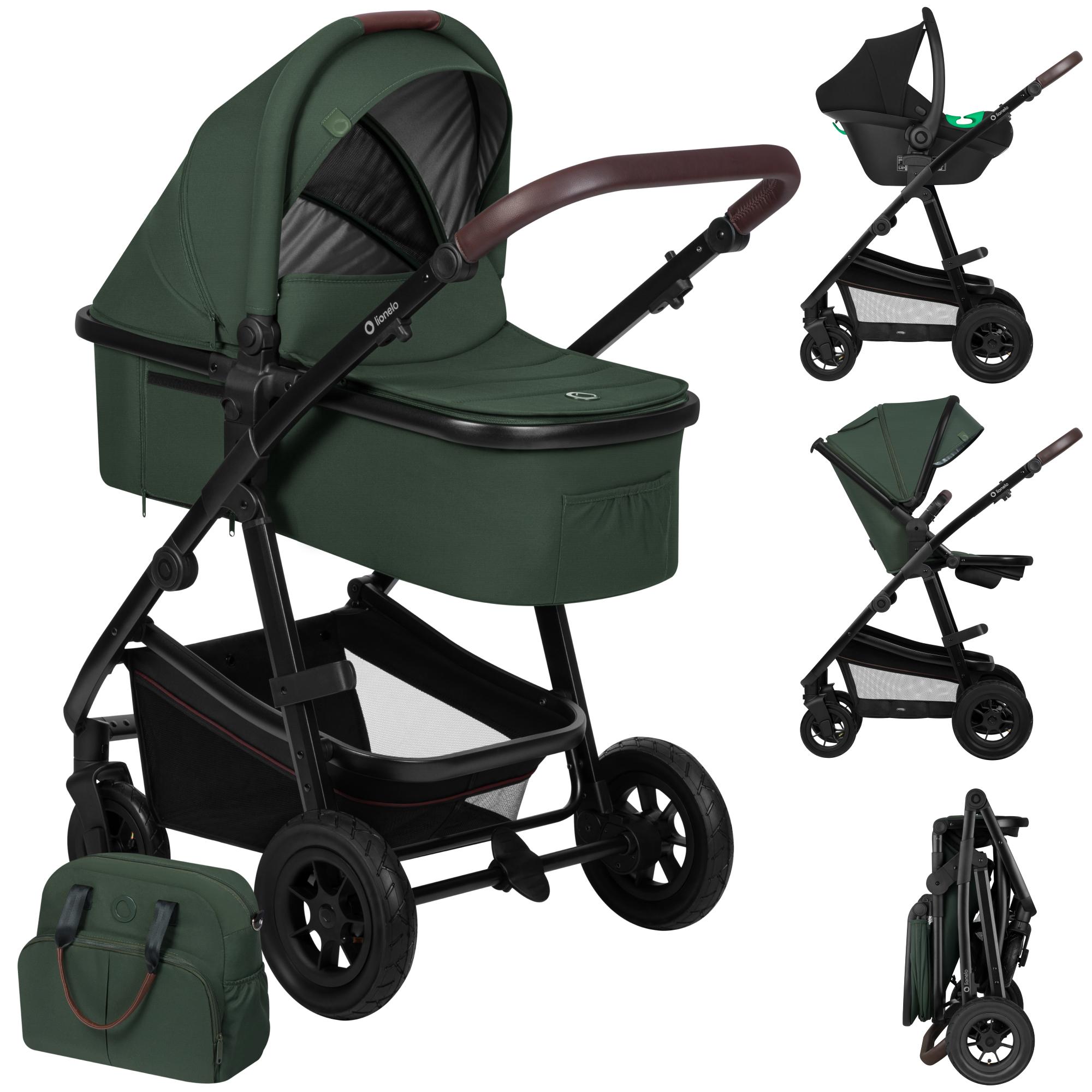 Lionelo Amber - Kombikinderwagen 3 in 1 - Set sportlicher, Sitz, fester Babywanne, Autositz, Tasche, Moskitonetz, Regenschutz - Green Forest