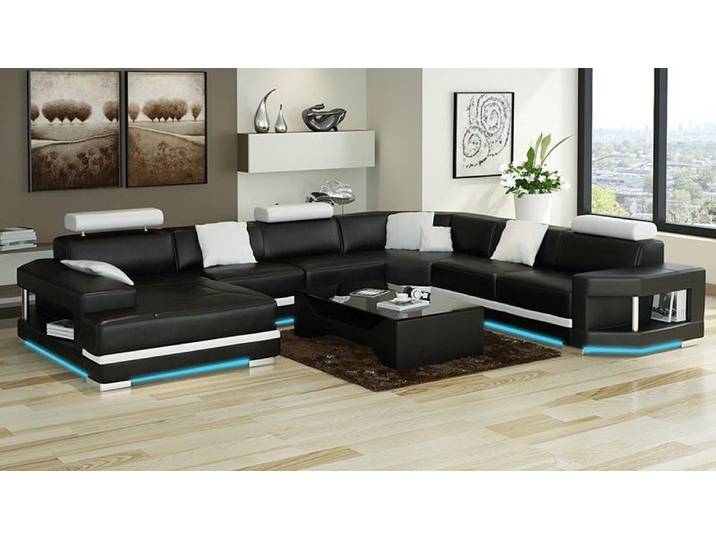 JVmoebel Ecksofa Modernes Ecksofa aus Halbleder in Schwarz mit LED-Beleuchtung, Made in Europa