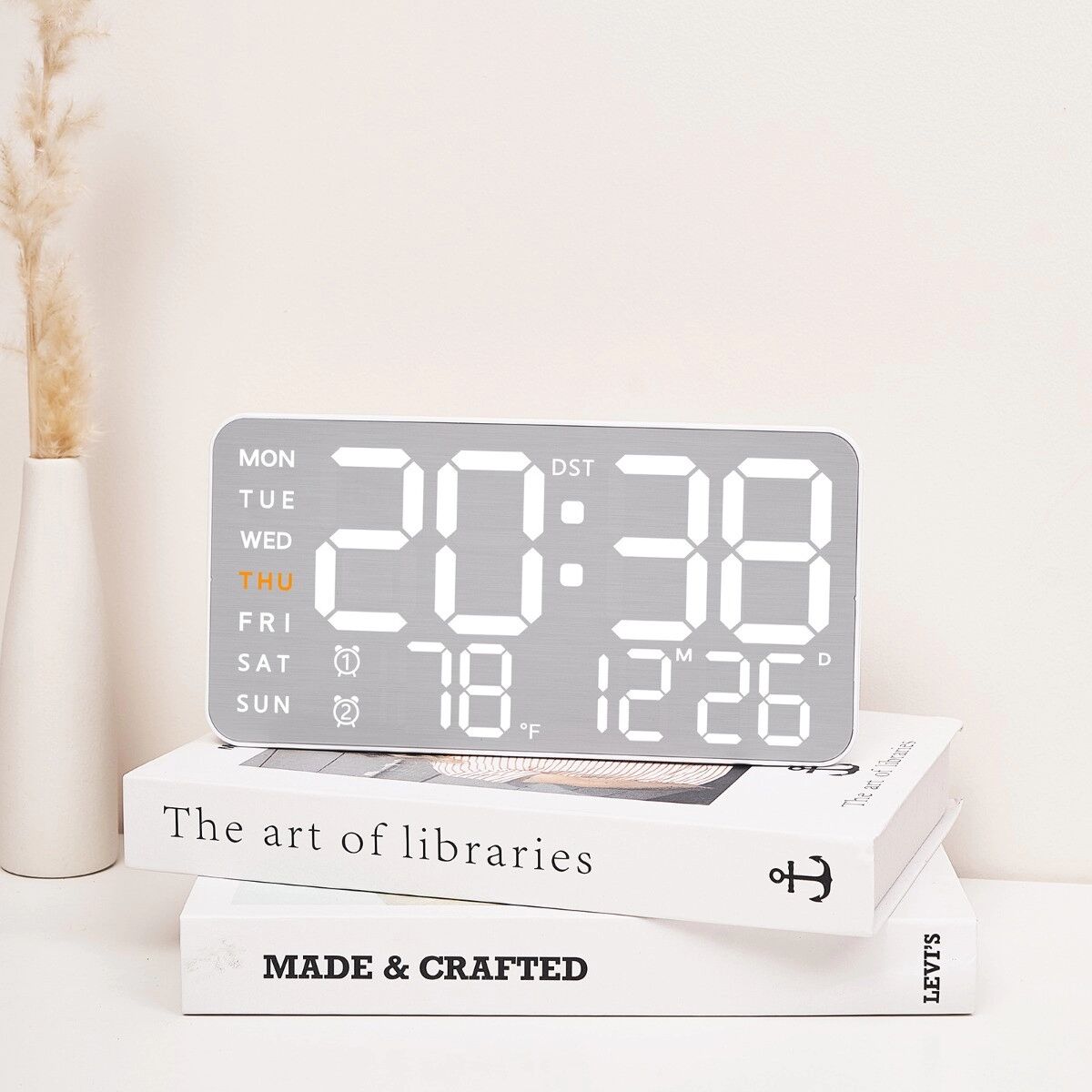 INF Réveil électronique LED multifonction avec thermomètre, phase lunaire, calendrier perpétuel et compte à rebours Blanc