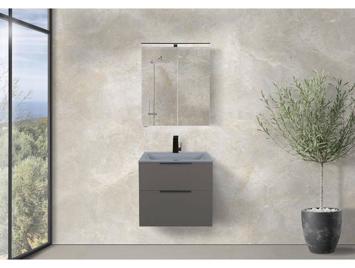 Zafiro - Badmöbelset 60 cm mit Glaswaschbecken Optiwhite, Unterschrank und Spiegelschrank