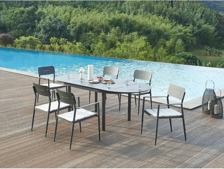 Garten-Essgruppe: Tisch ausziehbar 170/240 cm + 6 stapelbare Sessel - Aluminium - Anthrazit - LOTTYS von MYLIA
