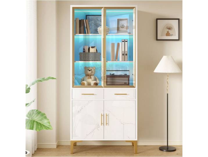 MEUBLIV Vitrine haute blanche brillante effet marbre 2 portes vitrées 2 tiroirs LED APP pieds métal