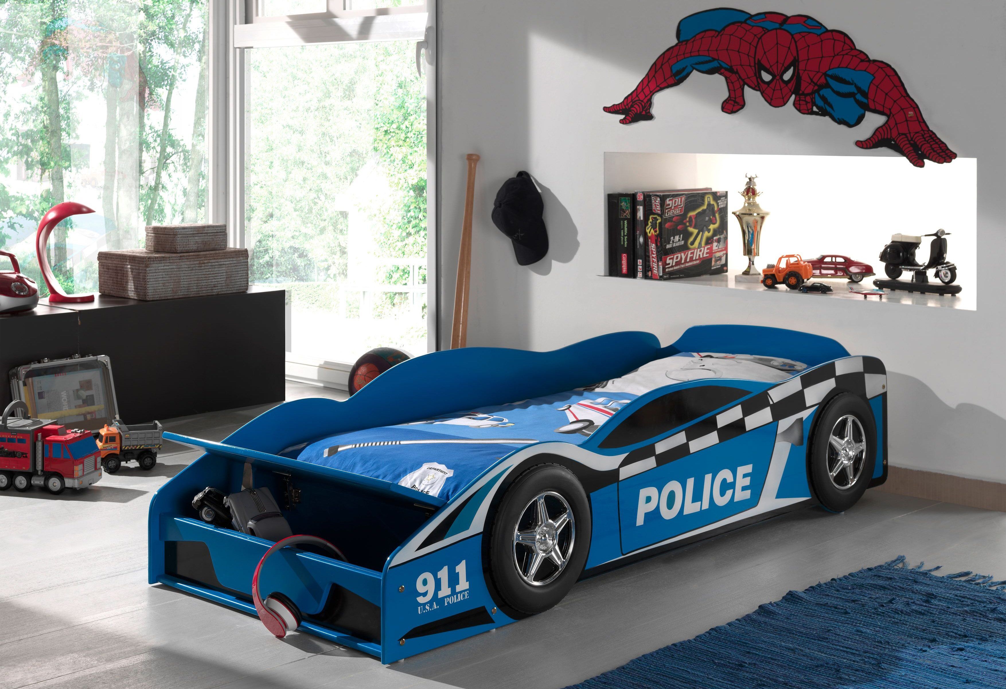 Autobett VIPACK "Police, inkl. Stauraum vorne, mit Lattenrost, MDF lackiert", blau, B:78cm H:48cm L:175cm, Betten, Autobett, ein Highlight im Kinderzimmer