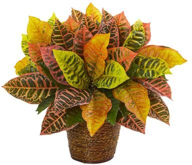 Nearly Natrual "17"" Garden Croton Artificial Plant in Basket (Real Touch)"