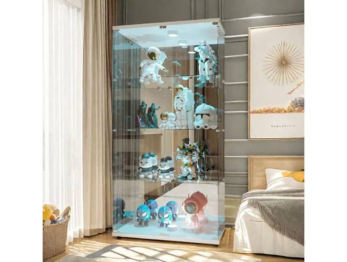 Glasvitrine Stehend, Vitrinenschrank, Glasvitrine standvitrine mit led, Zwei Türen,4 Regalböden, Standvitrine Glasschrank für Wohnzimmer Schlafzimmer Büro, Weiß(Weiß)