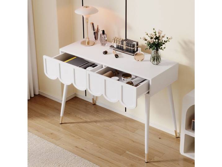 Coiffeuse blanche 100 x 40 x 76 cm 2 tiroirs pieds métalliques fonction bureau avec anti-basculement
