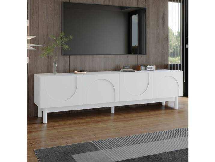 Meuble TV bas à 4 portes sans poignées étagères structure stable MDF blanc 169x34x45 5 cm
