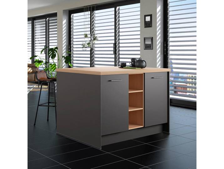 Impuls Kücheninsel IP 1200, Graphit, Eiche, nur wie online abgebildet bestellbar, 123.4x91.8x96.6 cm, Ral-Gz 479, Made in Germany, Goldenes M, Pefc, Zusatzausstattung erhältlich, vormontierter Korpus, Küchen, Küchenmöbel, Kücheninseln
