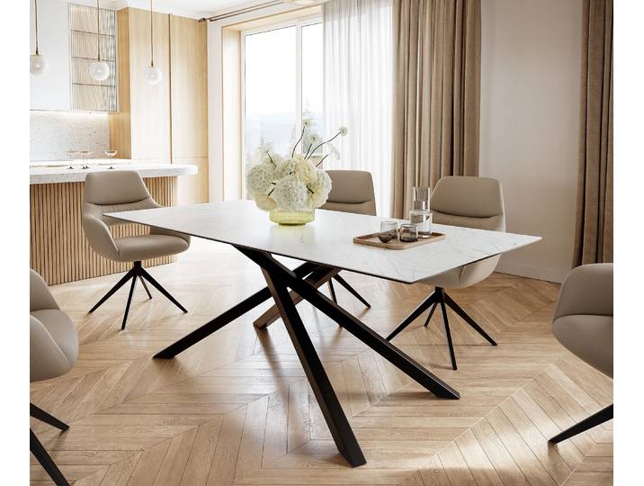 DELIFE Esstisch Edge 200x100cm Keramik Laminam®Statuarietto Weiß Mittelfuß Kreuz Schwarz, Esstische