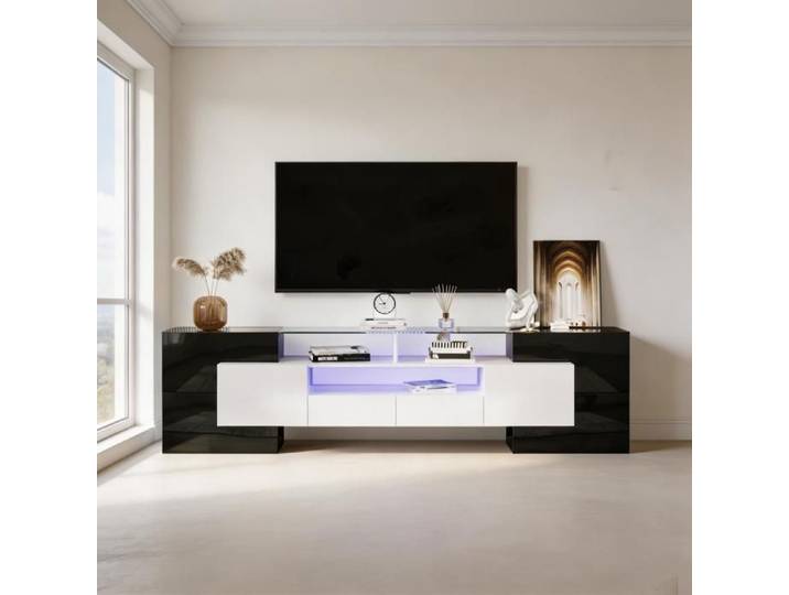 Meuble TV bas - Design moderne - 200 cm - Blanc et noir brillant - Éclairage LED multicolore