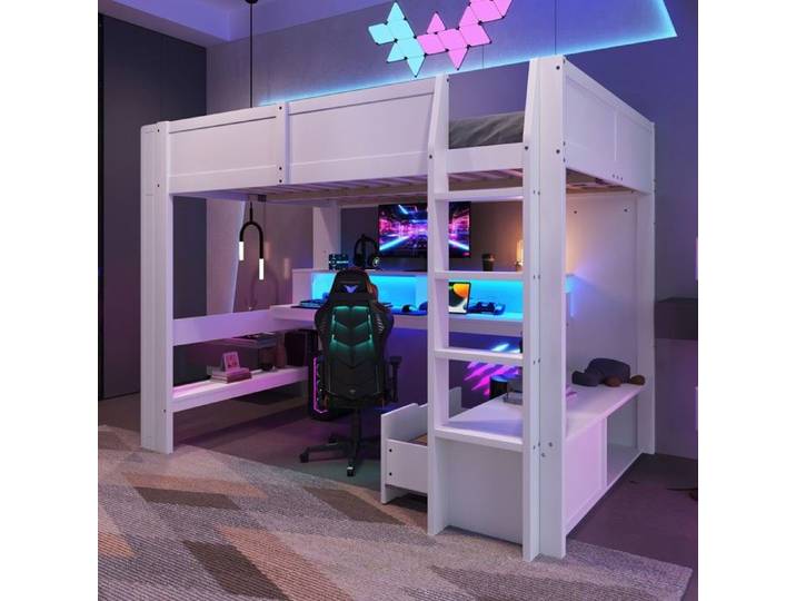 Lit superposé gaming - PAGE Living - 140x200 - Éclairage LED 16 couleurs - Bureau intégré