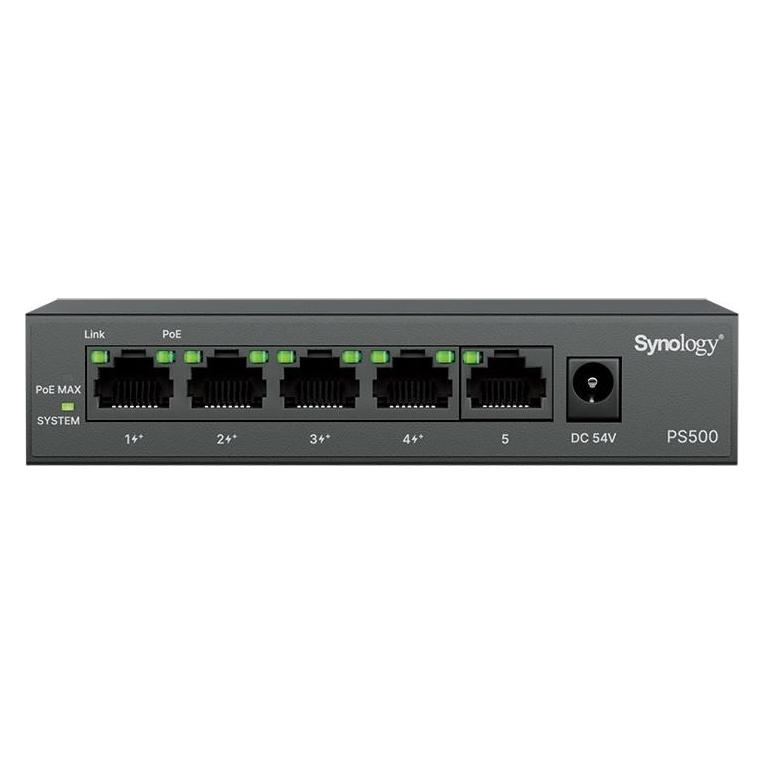 Synology SWIPOE.PS500/SYNOL PS500 Unmanaged PoE+-Switch mit 5 Ports (10/100/1000 Mbit/s), davon 4x PoE+-Ports (5 Ports) (PS500)