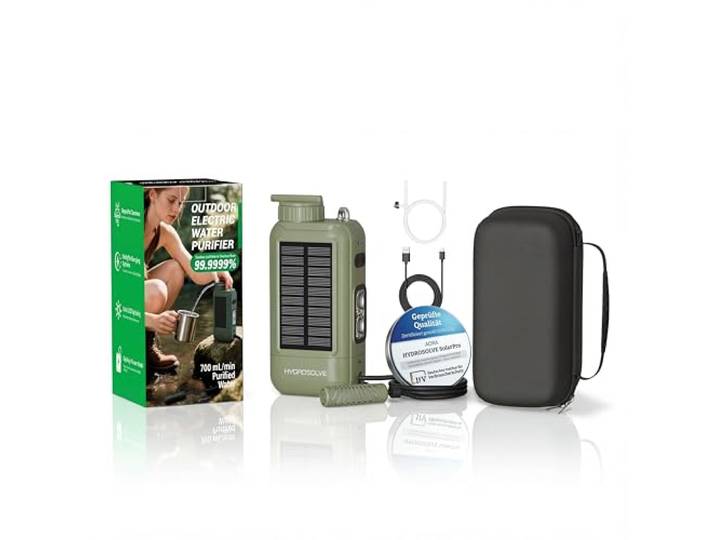 Hydrosolve SolarPro Elektrischer Outdoor Wasserfilter mit Solarladung Trinkwasser aus Fluss, Bach & See filtert 99,9999% Bakterien Notfall-, Kriesen- & Survival-Filter (HYDROSOLVE SolarPro)