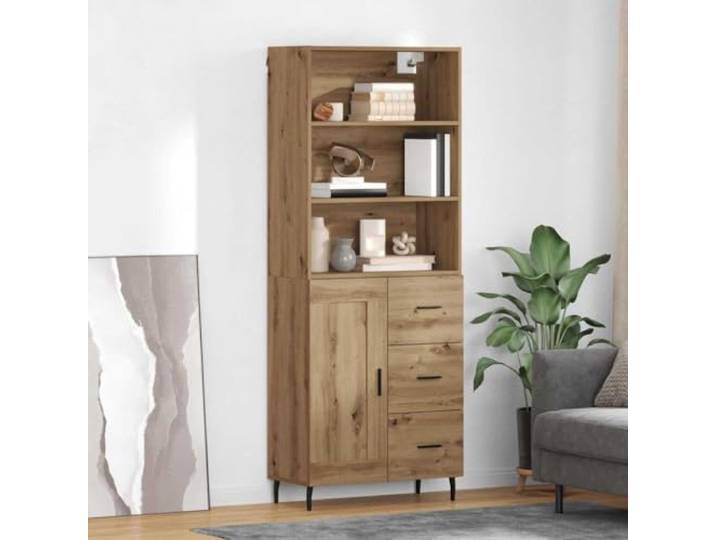 Weißes Highboard fürs Wohnzimmer, Elegantes Highboard mit Wandhalterung, aus Holzwerkstoff mit glatter Oberfläche, Stilvolles mit Aufbewahrungsfächern, Artisan-Eiche