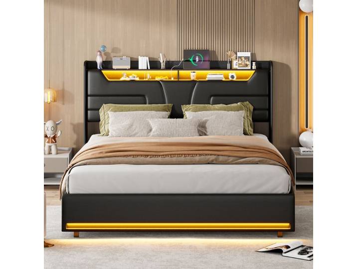 Lit Coffre Capitonné 140x200 Lit Rembourré avec LED Lit Double avec USB Lit Adulte Lit Capitonné Lit Deux Place PU Noir