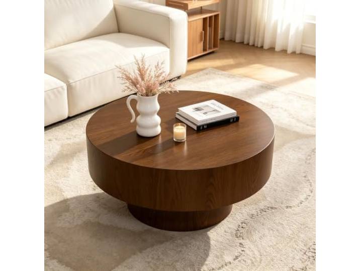 LOVEHOUGES Moderner runder Couchtisch aus Holz in Trommelform Moderner Couchtisch im Mid-Century-Stil mit Sockel, einfach zu montieren, trommelförmiger Couchtisch, für Wohnzimmer
