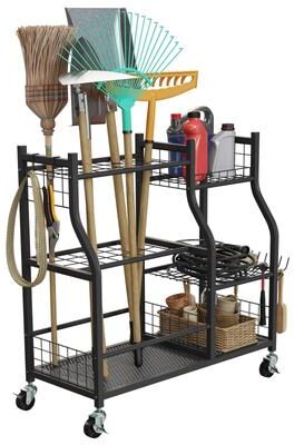 Garage Garden Tool Organizer Yard Tool Storage Rack with Slots for Handles, Hooks, Wrappers, Shelves, and Wheels by Pure Garden