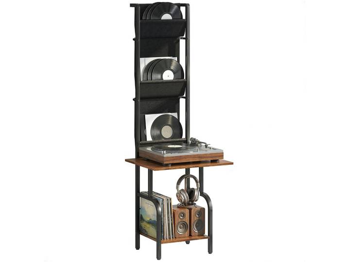 ComfortXL Cd-Regal De-09946 mit 3 Stofftaschen und Tischplatte Braun, Metall, 48.5x144x50 cm, Wohnzimmer, TV Möbel, CD-Regale