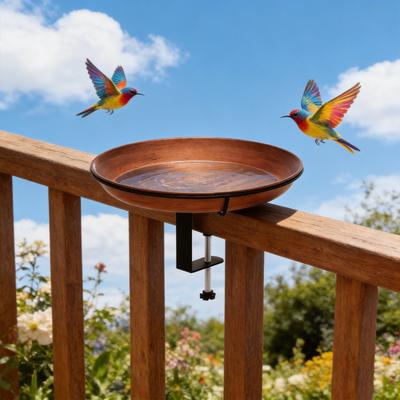 Javlergo Antique Copper Bird Bath for Outdoor Deck Mounted Metal Birdbath Bowl with Adjustable Clamp Bird Feeder for Balcony