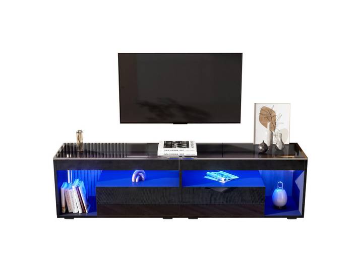 Flieks Tv-Schrank Hochglanz LED-Beleuchtung 2 Schubladen Schwarz bis 70 Zoll, Holz, 48.9x15.24x104.14 cm, Wohnzimmer, TV Möbel, Lowboards, Lowboards stehend