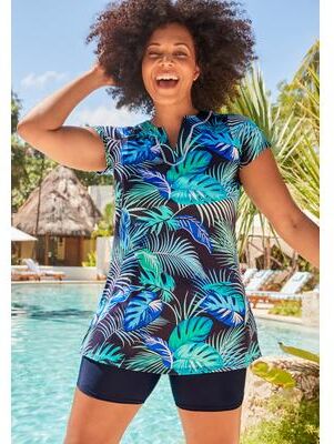 Plus Size Women's Chlorine Resistant Swim Tunic by Swimsuits For All in Navy Palm (Size 16)