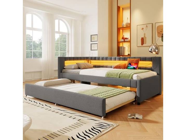 BTM Tagesbett mit Schlafsofa Ausziehbar Bett 90x200cm Daybett Polsterbett mit LED, USB, Typ-C (ohne Matratze), Leinen, Grau