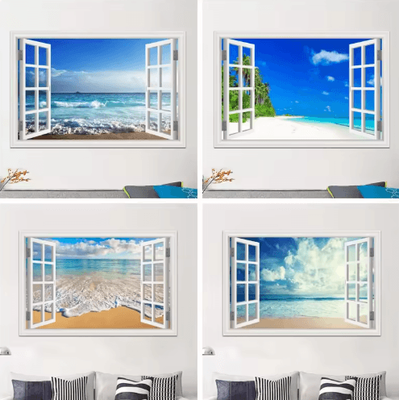 Inspire Picks 3D Beach Window Wall Sticker Ocean View Self Adhesive Wall Mural Decor 7 70x100cm 28x40inch