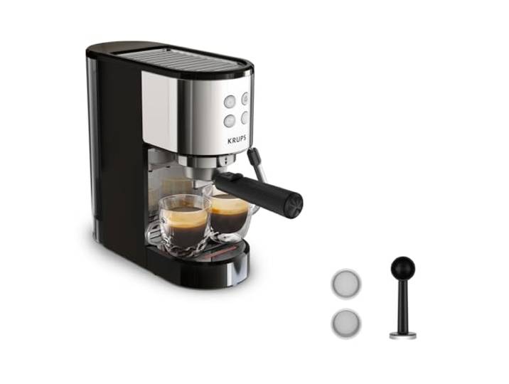 Krups Virtuoso Essential Espresso-Siebträgermaschine, 15 bar, Edelstahl-Applikationen, schlankes Design, Bedienfeld mit 4 Funktionen, inkl. Barista-Zubehör, Edelstahl, XP441810