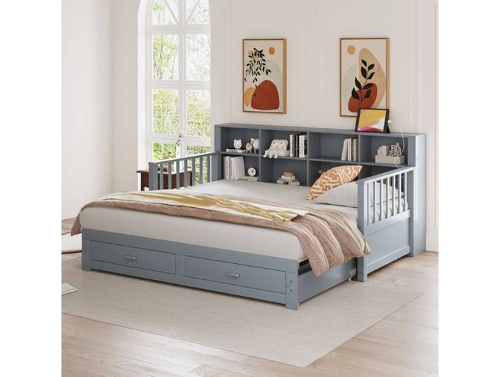 lit gigogne SEYAKANY-90/180x190cm avec prise de charge- rangements-gris