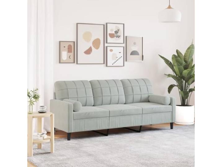 HEFZGDB 3-Sitzer Sofa Hellgrau 180 cm Samt mit Zierkissen – Weiches Velours Sofa mit Metallgestell für Wohnzimmer, Abnehmbare Bezüge und Komfortable Polsterung