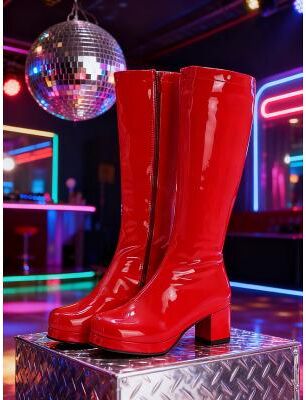 LightInthebox Women's Purple Patent Faux Leather Knee-High Boots – Stylish Zipper Detail, Chunky Heels, 1980s Retro Disco Style for Parties, Night Out and Bold Fashion Looks