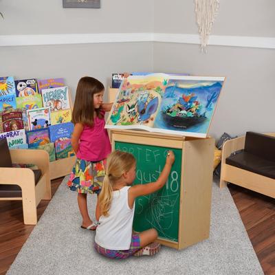 "Wood Designs Big Book Display Storage Unit with Chalkboard, Toddler Birch Wood Durable Bookacse With Piano Hinged Top - 28"""