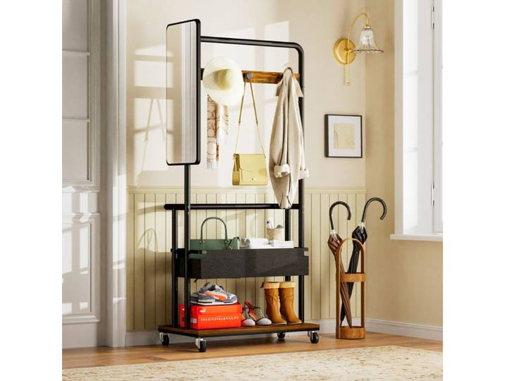 Meuble d Entrée Vestiaire avec Crochets Miroir Banc Porte-Manteau 3-en-1 portant mobile à roulettes 70 × 40 × 170cm Marron