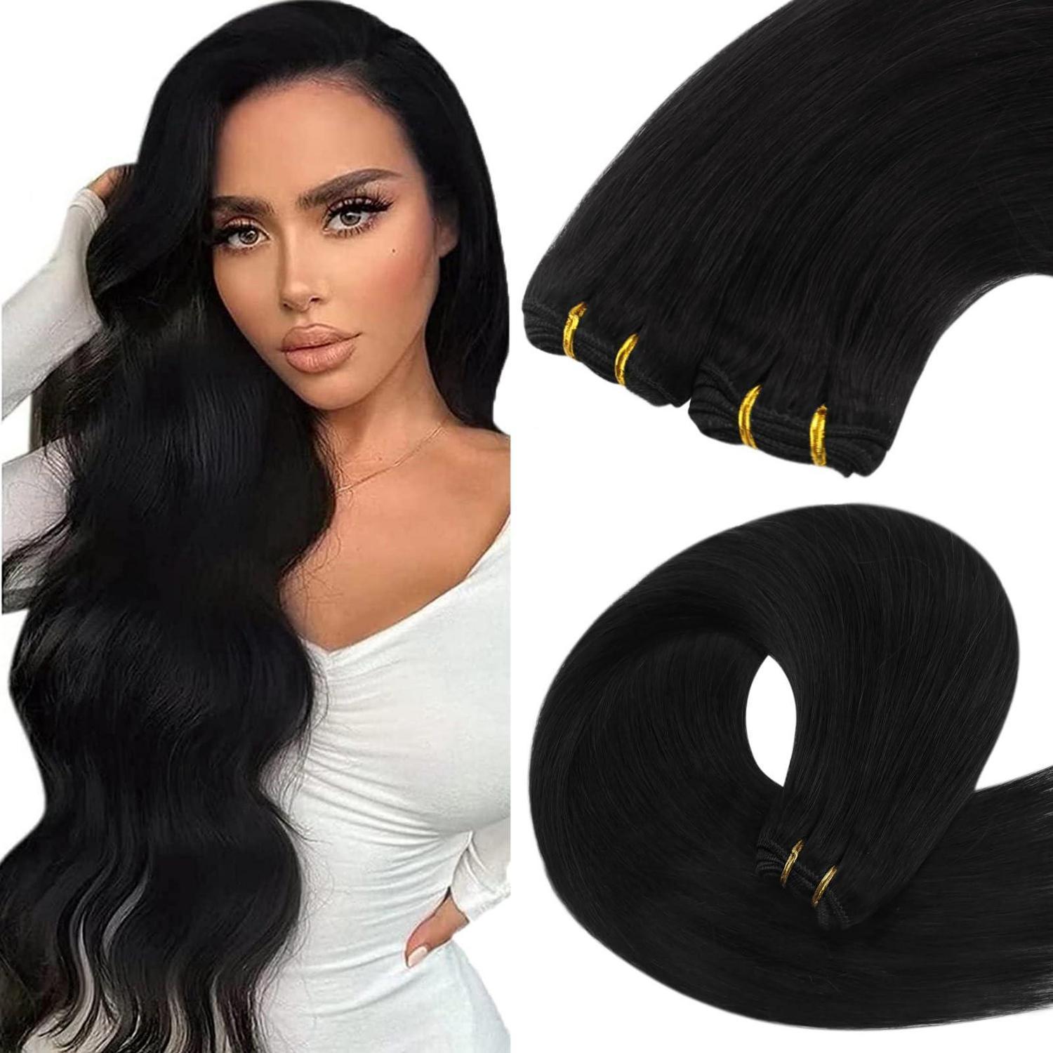 Echthaar Tressen Schwarz 100g 60cm Remy Doppelt Weft Extensions für Damen