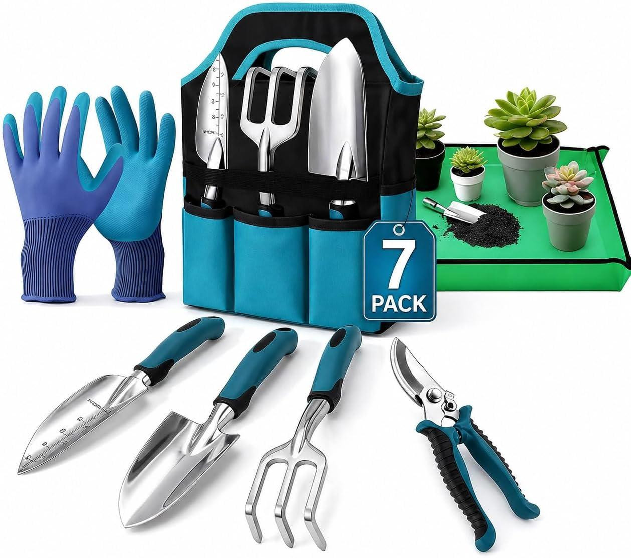 7-delige aluminium tuinwerkset met antislip handgreep en tas voor tuingereedschap