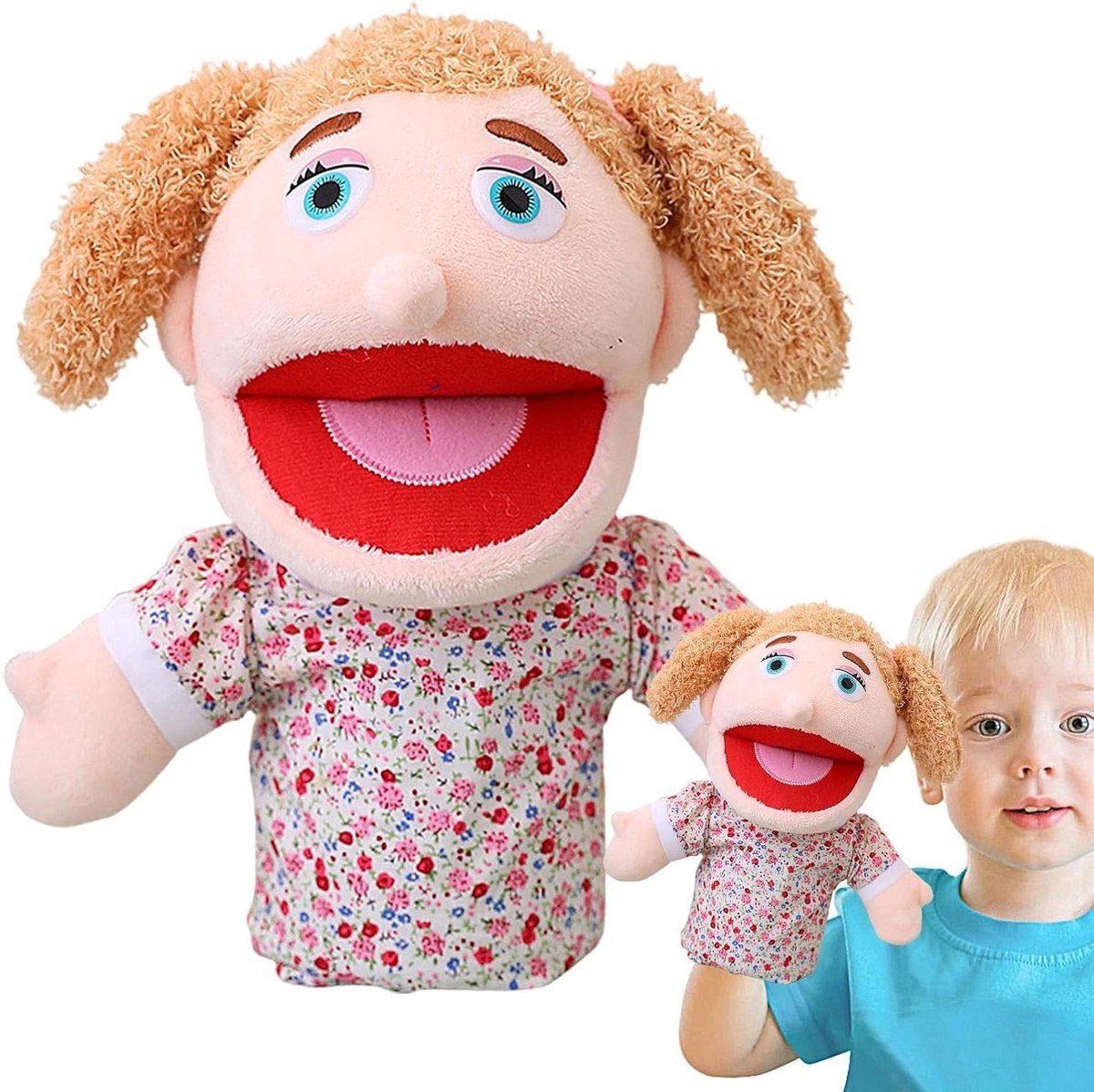 Pluche Handpop Wit Meisje voor Fantasiespel met Beweegbare Mond - 30 cm