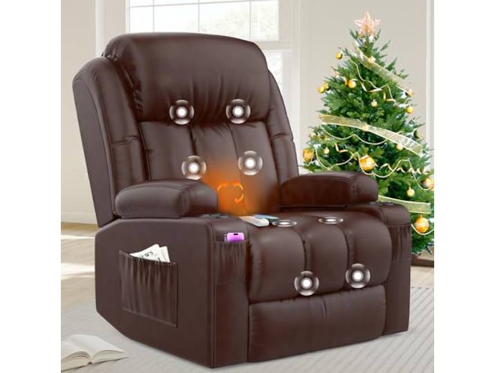 BareTay Fernsehsessel Massagesessel Elektrisch Relaxsessel mit Liegefunktion Aufstehhilfe, Massage Heizung, Fußteil, Getränkehalter 4 Seitentaschen,TYP C & USB-Anschlüsse Leder Sessel