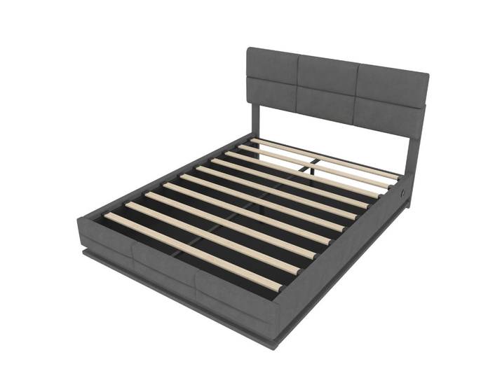 ComfortXL Stauraumbett 160/200 cm De-03569, mit höhenverstellbarem Kopfteil, LED und hydraulischem Liftsystem, in Grau, Metall, 160x200 cm, Schlafzimmer, Betten