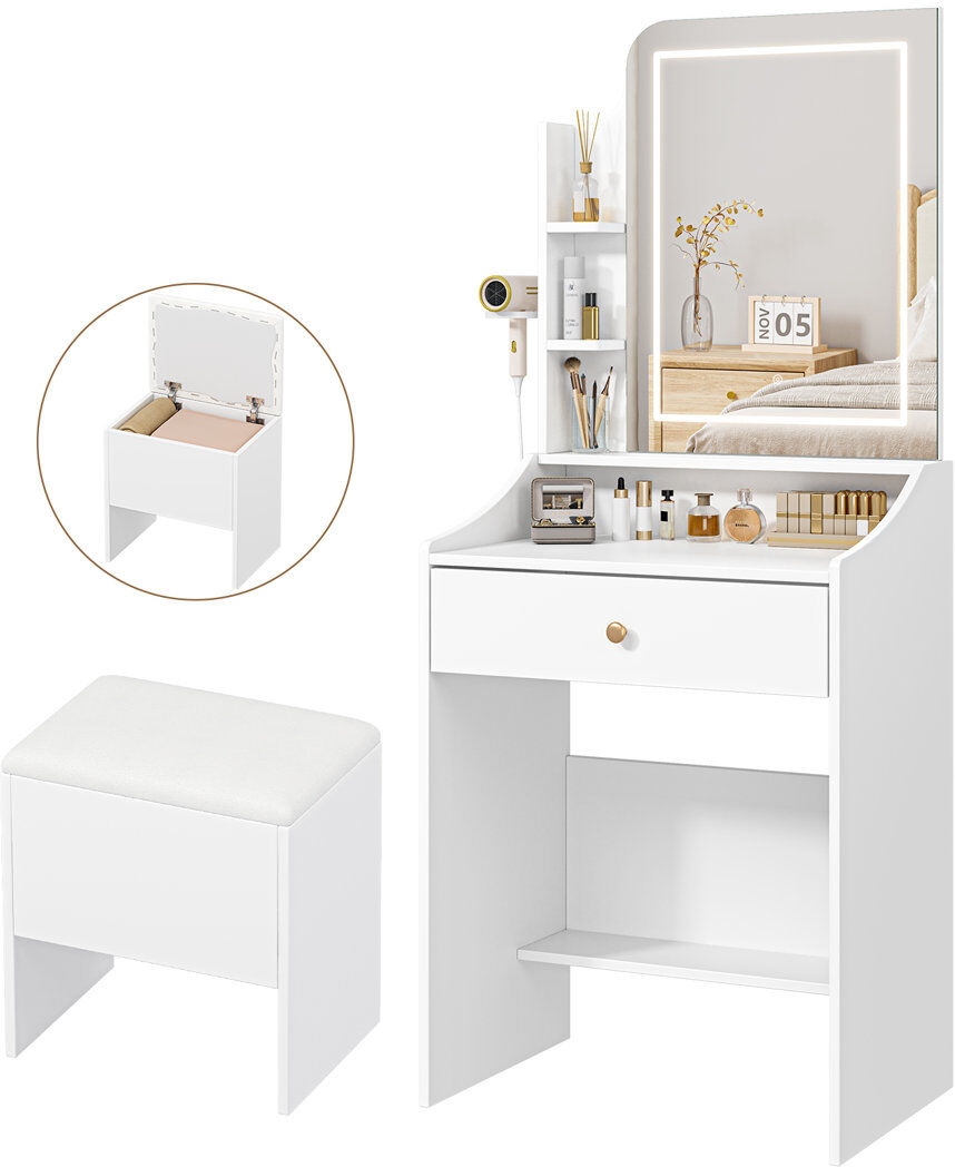 17 Stories Dressing Table Set with LED Lighting Mirror, 3 Light Colors, Adjustable Brightness,Vanity Table with Hidden Storage Stool White 150cm H X 62cm W X 40cm D