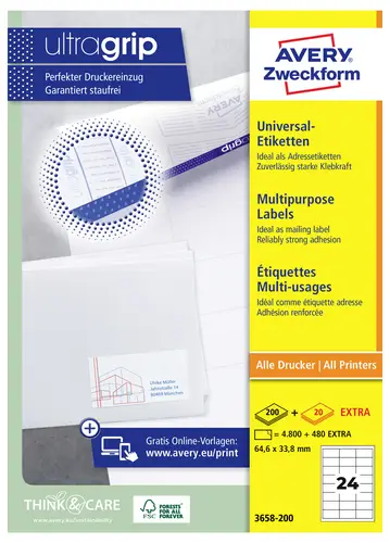 Universal-Etiketten ultragrip 64,6x33,8 mm VE=5.280 Etiketten / 220 Bogen weiß