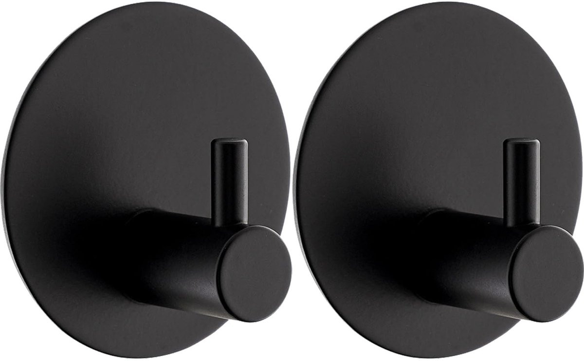 Set van 2 zelfklevende ronde muurhaken van roestvrij staal, zwart
