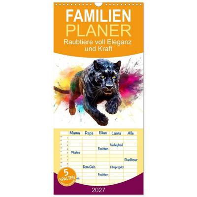 Familienplaner 2027 - Raubtiere voll Eleganz und Kraft mit 5 Spalten (Wandkalender, 21 x 45 cm) CALVENDO