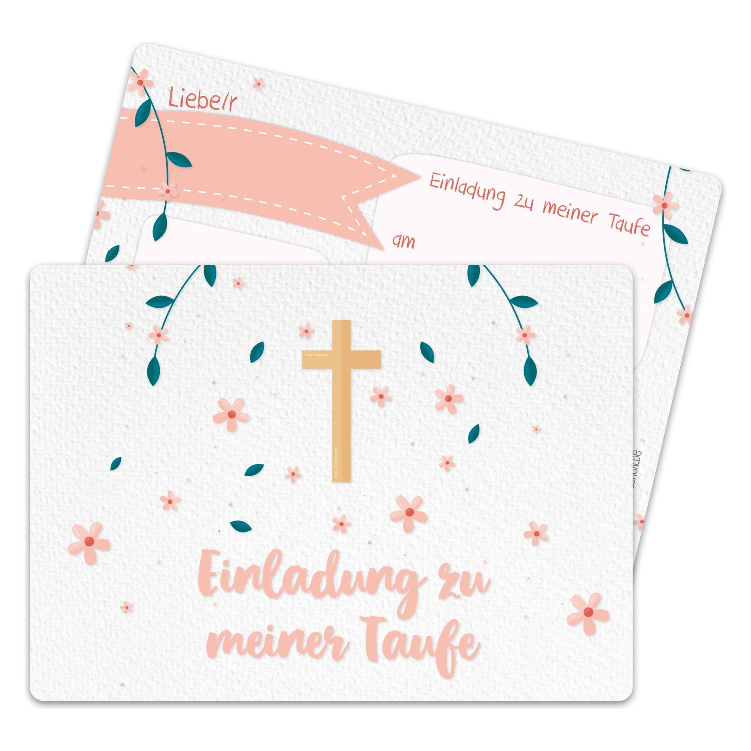 Papierdrachen 12 Einladungskarten zur Taufe - Kreuz und Blumen (12 Stk.) (71720143)