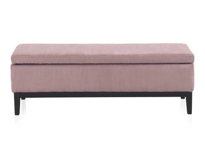 Pouf tapissé rose pastel avec pieds en bois noir