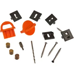 Terrassen T-Clip KD Set schwarz, für Holz-UK, Inklusive 185 Clips, 200 Schrauben schwarz, 1 Bohrer, 1 Bit, 12 Ipe Plugs