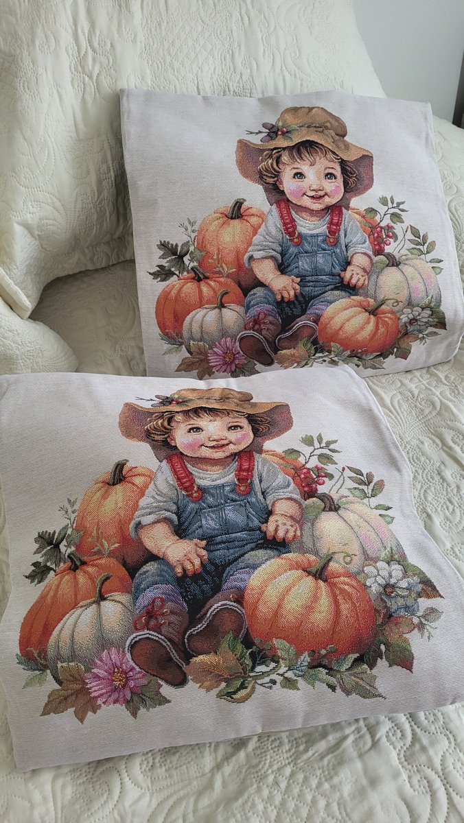 Kussenhoes Gobelinstof Boy with Pumpkins Herfstthema met Rits B/D: 45 x 45 cm